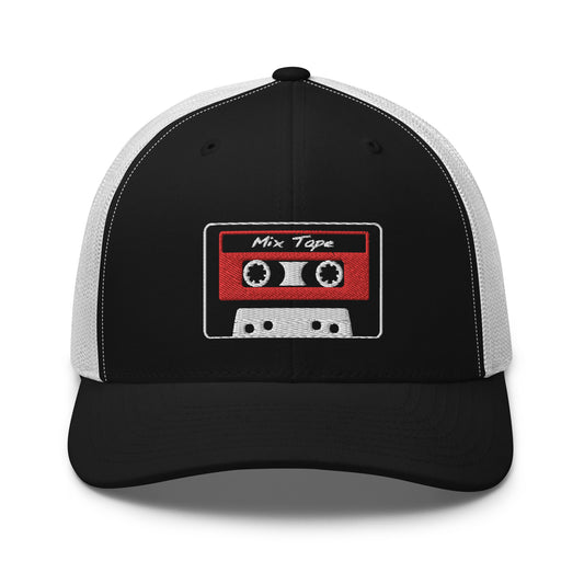 Black trucker hat featuring 80's Style Retro Cassette Mix Tape Embroidered Retro embroidered artwork, product image 1