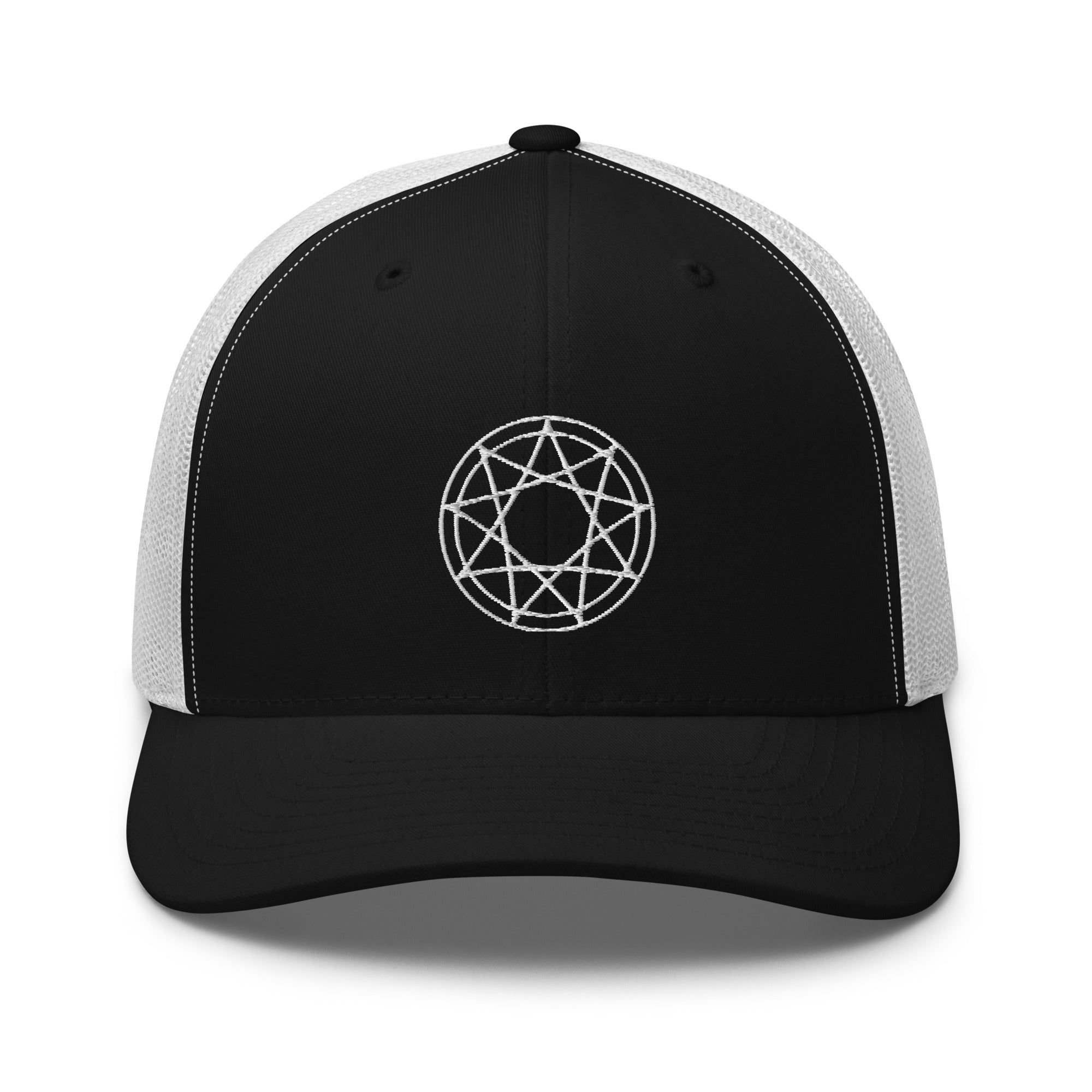 White 9 Point Star Pentagram Occult Symbol Embroidered Retro Trucker Cap Snapback Hat