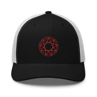Navy trucker hat featuring Red 9 Point Star Pentagram Occult Symbol Embroidered Retro embroidered artwork, product image 3