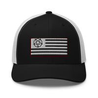 Navy/ White trucker hat featuring American Satanist Pentagram U.S. Flag embroidered artwork, product image 4