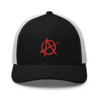 Navy trucker hat featuring Red Anarchy Sign Punk Rock Chaos Embroidered Retro embroidered artwork, product image 3