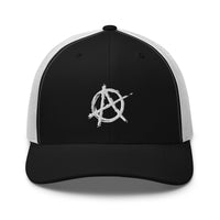 Navy/ White trucker hat featuring White Anarchy Sign Punk Rock Chaos Embroidered Retro embroidered artwork, product image 4