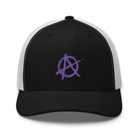 Navy trucker hat featuring Purple Anarchy Sign Punk Rock Chaos Embroidered Retro embroidered artwork, product image 3