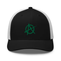 Navy/ White trucker hat featuring Green Anarchy Sign Punk Rock Chaos Embroidered Retro embroidered artwork, product image 4