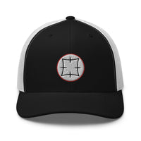 Navy/ White trucker hat featuring Ancient Japanese Symbol Embroidered Samurai embroidered artwork, product image 4