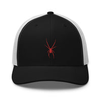Navy trucker hat featuring Red Arachnid Creepy Black Widow Spider embroidered artwork, product image 3