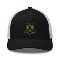 Navy trucker hat featuring Green Bio Hazard Gas Mask Embroidered Retro embroidered artwork, product image 3