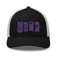 Navy/ White trucker hat featuring Purple Vertical Stripe Goth embroidered artwork, product image 4