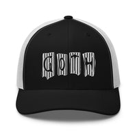 Navy/ White trucker hat featuring White Vertical Stripe Goth embroidered artwork, product image 4