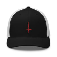 Navy trucker hat featuring Red Inverted Cross Black Metal Style embroidered artwork, product image 3