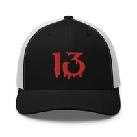 Navy trucker hat featuring Bloody Number Thirteen 13 Lucky Halloween embroidered artwork, product image 3