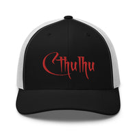 Navy trucker hat featuring Red Call of Cthulhu Great Old Ones embroidered artwork, product image 3