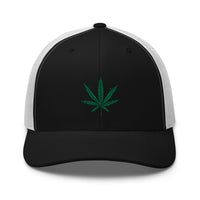 Navy/ White trucker hat featuring Cannabis Pot Leaf Marijuana Embroidered Retro embroidered artwork, product image 4