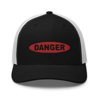 Navy trucker hat featuring Red Danger Warning Sign Embroidered Retro embroidered artwork, product image 3
