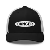 Navy/ White trucker hat featuring White Danger Warning Sign Embroidered Retro embroidered artwork, product image 4