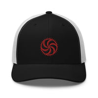 Navy trucker hat featuring Red Deadly Swirl Spike Symbol embroidered artwork, product image 3