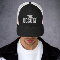 Black/ White trucker hat featuring The Occult White embroidered artwork, product image 2
