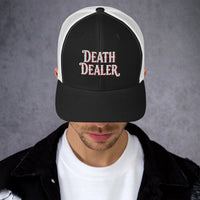Black/ White trucker hat featuring Death Dealer embroidered artwork, product image 2