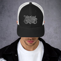 Navy trucker hat featuring Future Corpses Horror embroidered artwork, product image 3