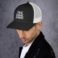 Black/ White trucker hat featuring True Crime Junkie embroidered artwork, product image 2