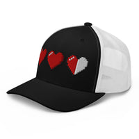 Navy/ White trucker hat featuring 3 Heart Meter Retro 8 Bit Video Game Pixelated embroidered artwork, product image 4