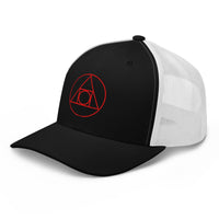 Navy/ White trucker hat featuring Philosopher's Stone Red Alchemy Symbol embroidered artwork, product image 4