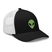 Navy/ White trucker hat featuring Alien Face Little Green Men Embroidered Retro embroidered artwork, product image 4