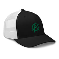 Charcoal/ Black trucker hat featuring Green Anarchy Sign Punk Rock Chaos Embroidered Retro embroidered artwork, product image 5