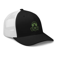 Navy/ White trucker hat featuring Green Bio Hazard Gas Mask Embroidered Retro embroidered artwork, product image 4