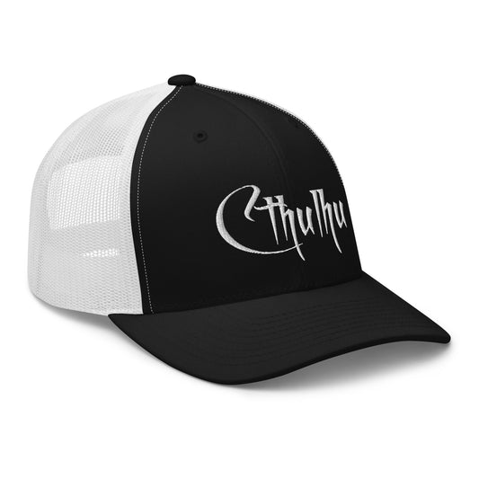 Black trucker hat featuring White Call of Cthulhu Great Old Ones embroidered artwork, product image 1