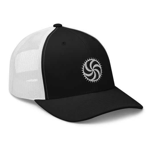 Black trucker hat featuring White Deadly Swirl Spike Symbol embroidered artwork, product image 1