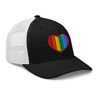 Navy/ White trucker hat featuring Gay Pride Rainbow Colors Heart embroidered artwork, product image 4