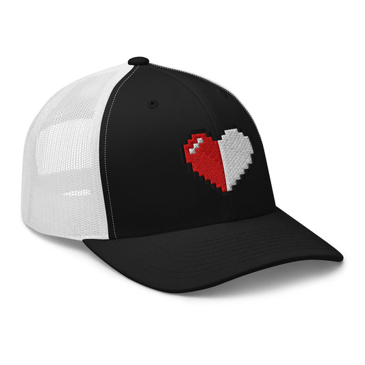 Black trucker hat featuring Retro 8 Bit Video Game Pixelated Half Life Heart embroidered artwork, product image 1