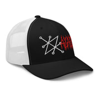 Navy trucker hat featuring Sigil of Azazel Demon Occult Symbol embroidered artwork, product image 3
