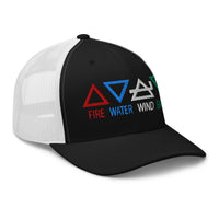Navy trucker hat featuring Four Elements of Matter: Fire, Water, Wind, Earth embroidered artwork, product image 3