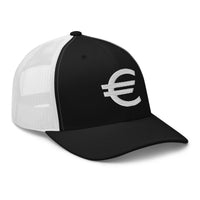 Navy trucker hat featuring Euro Currency Money Symbol embroidered artwork, product image 3