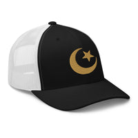 Navy trucker hat featuring Star and Crescent Moon Gold Ancient Symbol embroidered artwork, product image 3