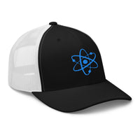 Navy trucker hat featuring Atomic Nucleus Blue Symbol Nuclear Power embroidered artwork, product image 3