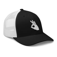 Navy trucker hat featuring Okay Sign Hand Gesture Symbol embroidered artwork, product image 3