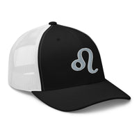 Navy trucker hat featuring Zodiac Sign Leo embroidered artwork, product image 3