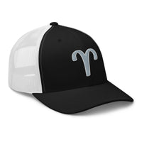 Navy trucker hat featuring Zodiac Sign Aries embroidered artwork, product image 3