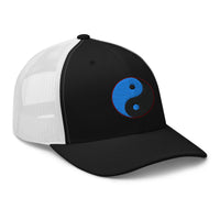 Navy trucker hat featuring Yin Yang Blue Chinese Symbol embroidered artwork, product image 3