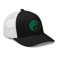 Navy trucker hat featuring Yin Yang Green Chinese Symbol embroidered artwork, product image 3