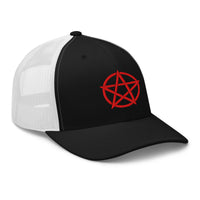 Navy trucker hat featuring Red Witchcraft Woven Pentacle Pagan embroidered artwork, product image 3