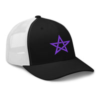 Navy trucker hat featuring Purple Wiccan Woven Pentagram Symbol embroidered artwork, product image 3