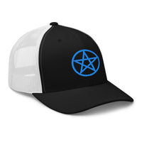 Navy trucker hat featuring Blue Wiccan Witchcraft Pentagram embroidered artwork, product image 3