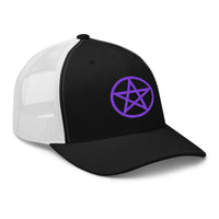 Navy trucker hat featuring Purple Wiccan Witchcraft Pentagram embroidered artwork, product image 3