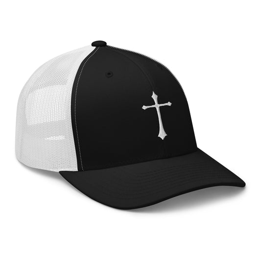Black trucker hat featuring White Gothic Medeival Cross embroidered artwork, product image 1