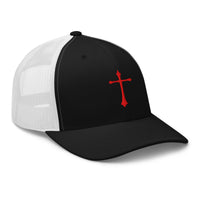 Navy trucker hat featuring Red Gothic Medeival Cross embroidered artwork, product image 3