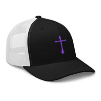 Navy trucker hat featuring Purple Gothic Medeival Cross embroidered artwork, product image 3